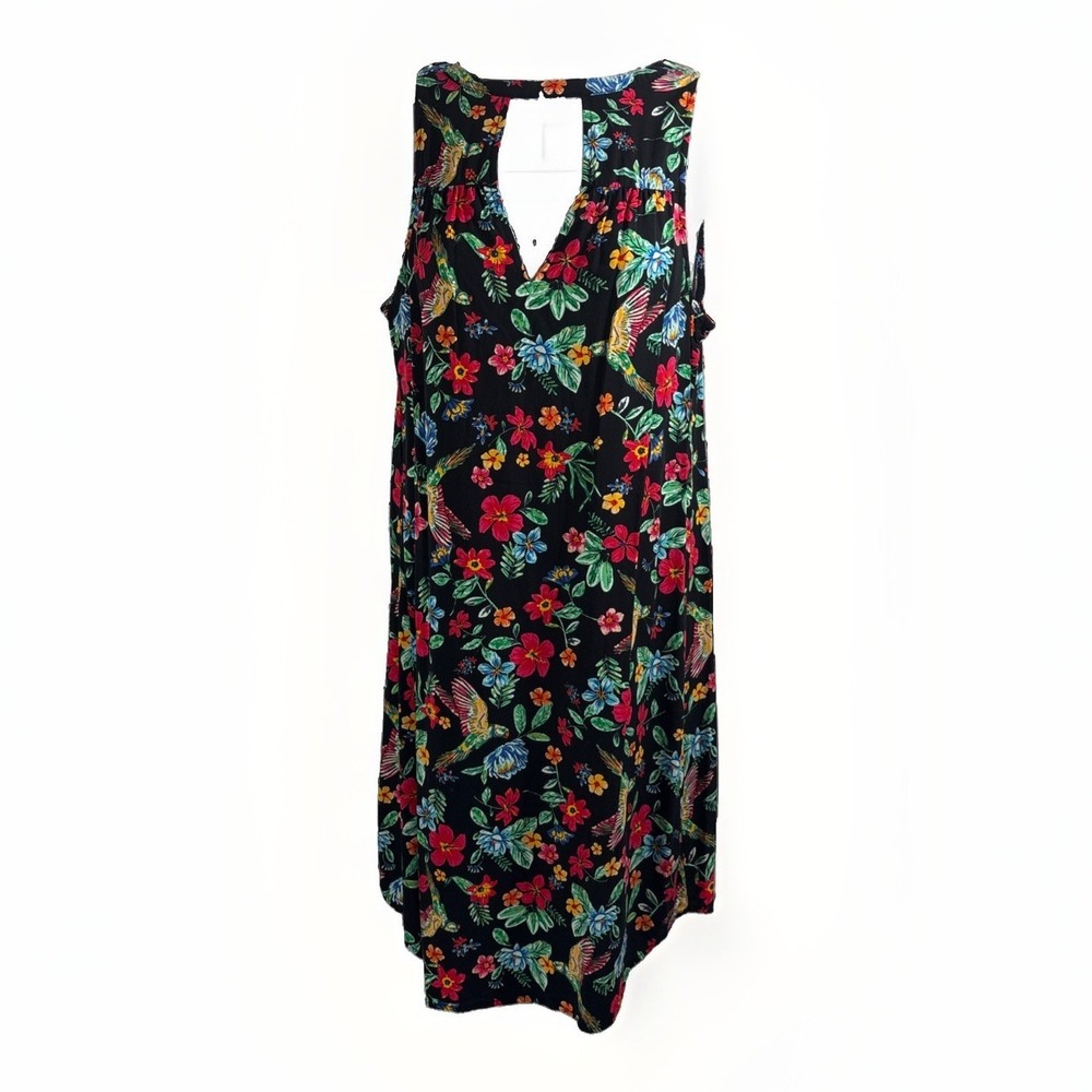 Old Navy Keyhole Sleeveless Dress Black Tropical Floral Hummingbird Sz Small